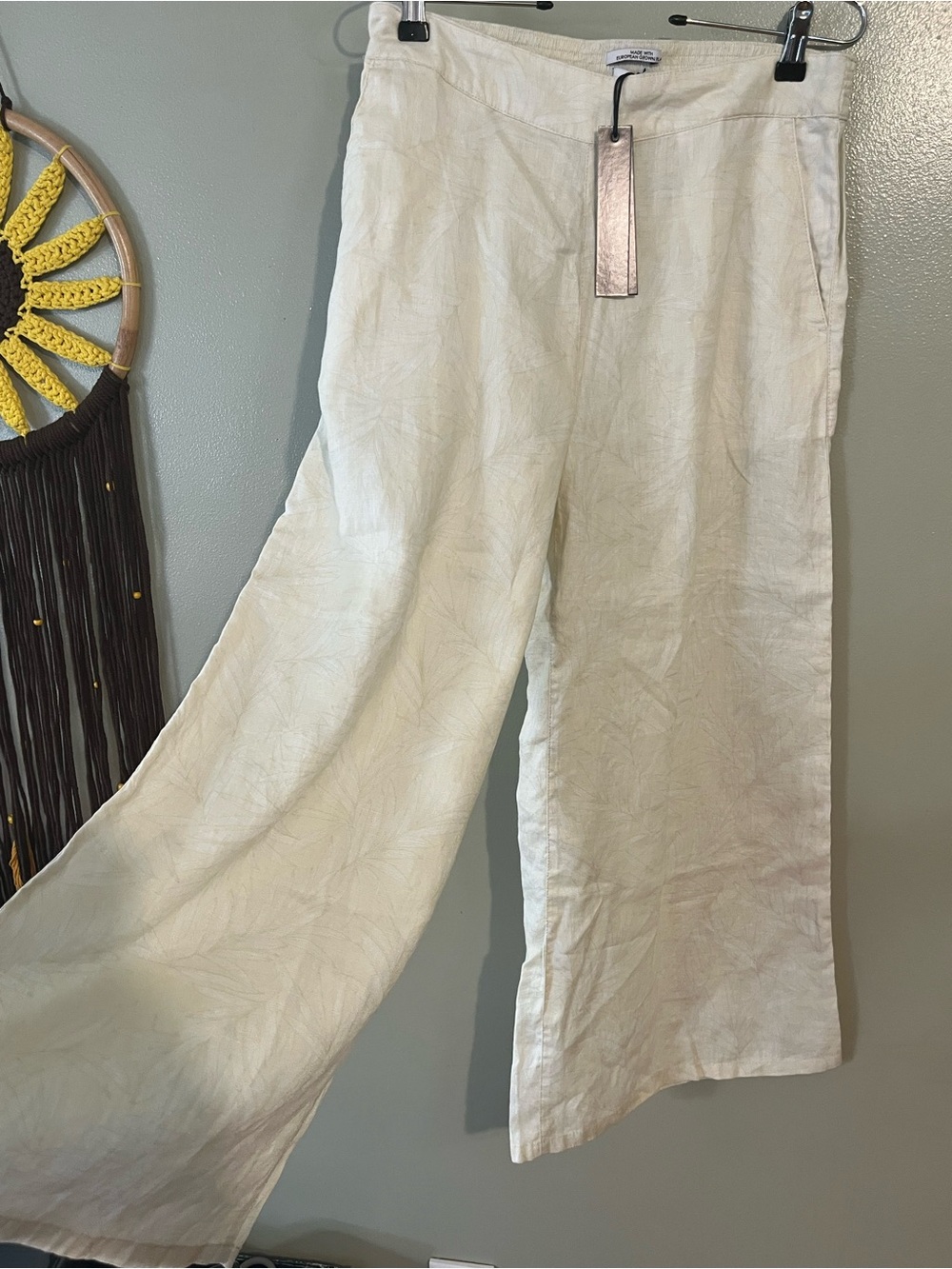 Nicole Miller Linen Floral  Wide-Leg Pants in Ivory Lightweight  Europe Flax M